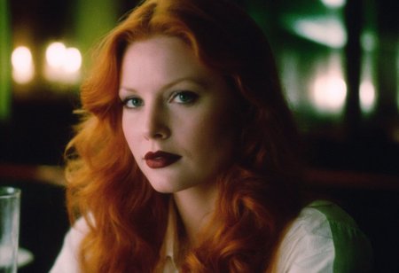 CinematicPortrait woman analog photo ginger     masterpiece indoors, (glossy dark lipstick), green eyes, (restaurant), soft focus, depth of field, film grain, (((looking at viewer))) <lora:CinematicPortraitXL_v3:0.3>  <lora:EuroBabe-v4-XL:0.3>