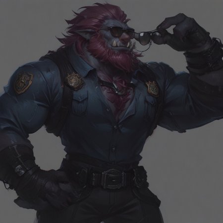 score_9 up, score_8 up, score_7up, solo, 
Trundle, purple skin, red hair, pink nose, tusks, facial hair, dark blue jacket, black pants, black gloves, long sleeves, 3 fingers, police badge, belt, chest strap, sunglasses,
simple background, waist up,
thin waist, broad shoulders, wide chest, tall, muscular, hand on hips
