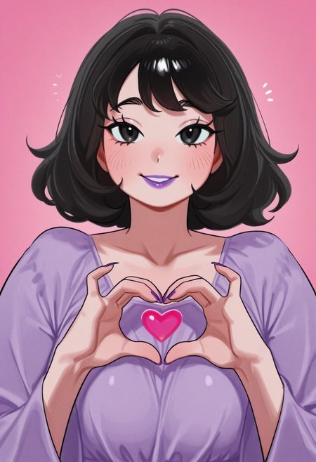 1girl, solo, medium build, medium hair, sfw, safe for work, covered skin, flowy dress,  black eyes, purple lipgloss, smiling, portrait, upper body, heart hands, foreshortening, detailed, newest, nia4294