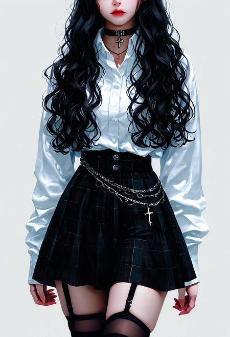 masterpiece, best quality, closed mouth,   1girl, solo, long hair, skirt, simple background, shirt, black hair, thighhighs, long sleeves, dress, jewelry, standing, white shirt, cowboy shot, choker, collared shirt, black thighhighs, necklace, collar, zettai ryouiki, plaid, wavy hair, garter straps, cross,  ,   <lora:R3alB3auty_NAI:1.0>,