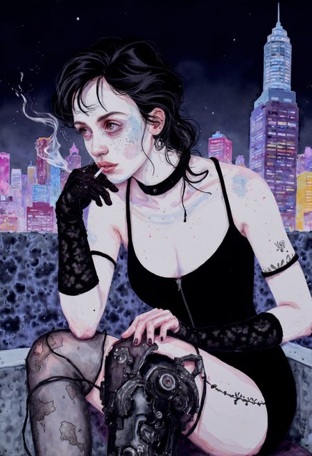 Watercolor painting of goth young woman, smoking cigarette, freckles, bored, wearing corset, wearing lacy elbow gloves, choker, sitting on apartment roof in neon city at night, the pupils or her eyes are prominently cybernetic, The art style is sleek and polished, with clean, precise lines that contrast with the gritty world it portrays, it has a distinctive semi-realistic style, Each detail is sharp, from the smooth, reflective surfaces of cybernetic limbs to the crisp outlines. The overall look is refined, capturing a high-tech elegance amidst the dystopian backdrop, where every elementÃ¢ÂÂfrom intricate machinery to flowing organic formsÃ¢ÂÂis meticulously rendered with a sense of precision and understated sophistication.