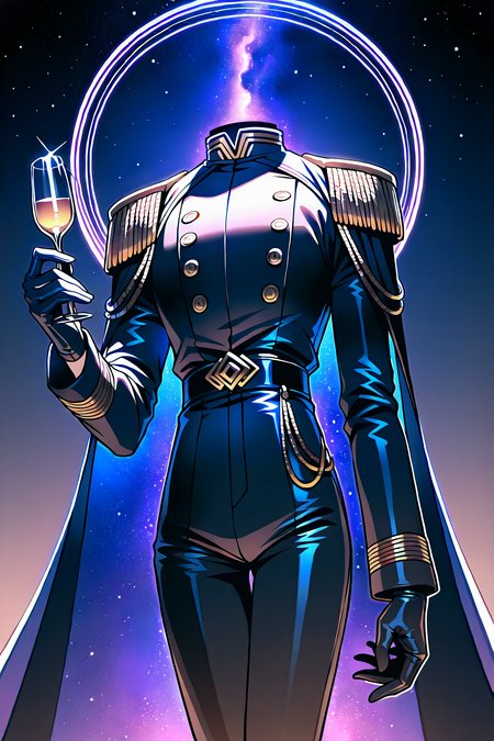 head, object head, headless, faceless, purple cosmic spiral, male focus, bishounen, Detailed clothing, gold embroideries and flower patterns on clothing, Looking at the side, holding a glass of wine, Black formal military-inspired suit with high collar and fitted long-sleeve jacket, gold buttons, gold epaulets, cape with purple cosmic interior decors, wearing black leather gloves, matching black and gold trousers with stripes, outer space, blue and pink gradient behind cape, detailed background <lora:NAI_DetailV1.1:3.0>