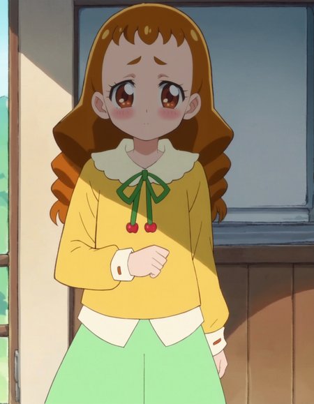 score_9, score_8_up, score_7_up, anime screencap, solo,1girl,arisugawahimari,green skirt, looking at viewer,  shirt, long sleeves, yellow shirt, cowboy shot,small breasts, blush,<lora:arisugawahimari:0.8>