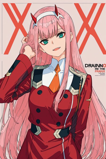 1girl,zero two \(darling in the franxx\),solo,long hair,pink hair,horns,ligne claire,hairband,looking at viewer,smile,uniform,head tilt,long sleeves,necktie,aqua eyes,open mouth,white hairband,straight hair,orange necktie,hand in own hair,arm behind back,military uniform,short necktie,dress,military,copyright name,hand up,very long hair,buttons,upper body,red dress,
<lora:jiaocha_illustriousXL:1>,