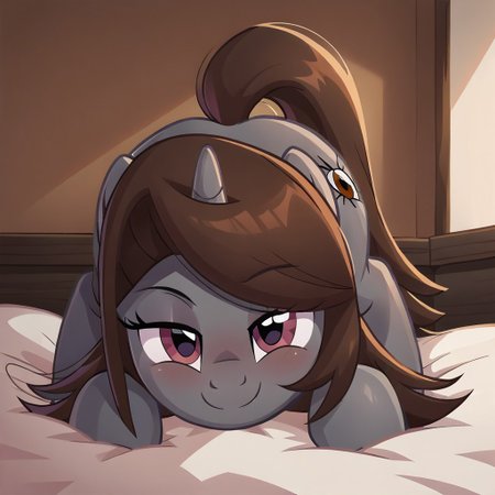 masterpiece, best quality, perfect detail, score_9, score_8_up, score_7_up, rating_suggestive, 1girl, source_cartoon, oc:sonata, pony, G4, female, show accurate, (inside bedroom), bed, on bed, solo, sexy, tail, lying on bed, butt, butt sticking out, exposed butt, ass up face down, pov, in heat, looking at you, smiling, closed mouth, lidded eyes, head facing you, head on