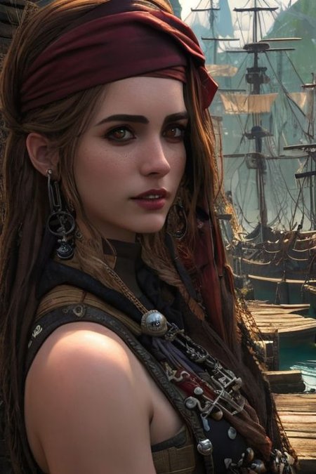 (masterpiece:1.2), (best quality,:1.2), 8k, HDR, ultra detailed, ((photorealistic)), professional light, cinematic lighting, fashion photography, ambient lighting, atmospheric effects, <lora:detail_slider_v4:2>, <lora:zoom_slider_v1:4>, a (male) pirate, long hair, beard, <lora:PirateGarb:0.5>, in a pirate harbor on a pirate island, <lora:PirateRealms:0.8>, PiRe, epiCPhoto