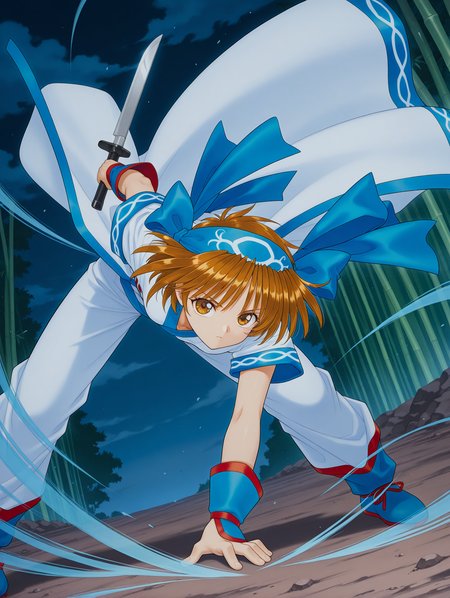 masterpiece,best quality,newest,1girl,solo,
<lora:rimururu_ilxl_v1.3:1>,n_rimu,short hair,brown hair,brown eyes,r_bow,blue hairband,r_clothes,white pants,
makiri,reverse grip,holding_knife,<lora:Fixhands_anime_bdsqlsz_V1:1>,dynamic_angle,cinematic_angle,bamboo forest,fighting_stance,fighting,night,darkness,motion_blur,(motion line:1.2),(speed_lines:1.1),fighting_stance,blue aura effect,dark cloud,soil ground,expressionless,leaning_forward,looking ahead,bent over,