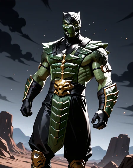 <lora:Reptile_X_(Mortal_Kombat)_(Illustrious)_(AD):0.85> Reptile_MK, muscular, Mortal Kombat, 
dutch angle, exterior, monumental architecture, wasteland, dark night sky with black clouds, 
male focus, gradient coloring, villain, intimidating, fierce, 
BREAK very awe, aesthetically pleasing, masterpiece, best quality, amazing quality, very aesthetic, perfect depth of field shot, in'ei, source_furry, furry_art, 
Smooth Quality, lazympos, IllustQualXL_Pos,