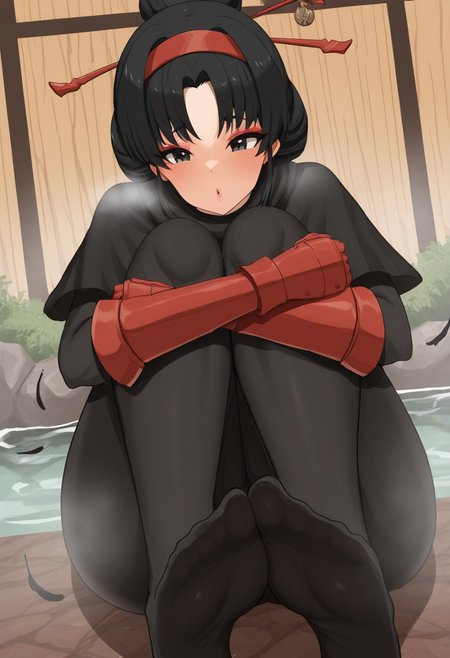 banaparubon,  outdoors, undershirt, falling feathers, black bodysuit, hair stick, hugging knees, knees to chest, gauntlets, eyeshadow, red gloves, two sides up, black capelet, red hairband, black eyes, 1girl, solo, feet, visible breath, dynamic angle, foreshortening, smell, steam, onsen, water