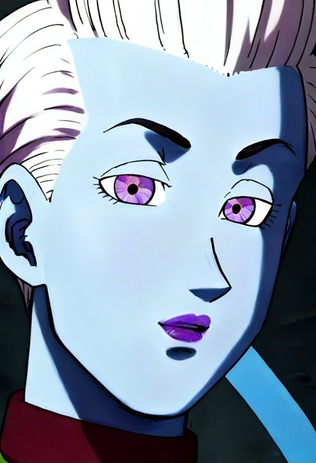 ((((8k)))), highres, Whis, (((1boy))), solo, blue skin, white hair, pointy hair, lavender eyes, purple lips