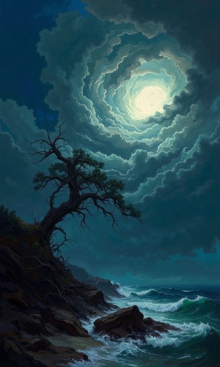 A dramatic seascape painting or digital illustration.  The sky is a swirling mix of deep blues and grays, thick, textured clouds that create a sense of depth and vastness. A luminous, almost ethereal, light source is present within the clouds, perhaps a moon or sun, creating a glowing vortex effect. The clouds seem to be dense and dramatic. A solitary, gnarled tree stands on a rocky shoreline. The branches of the tree reach out dramatically, almost like a reaching, skeletal figure against the sky.  The foreground shows choppy, turbulent water that appears to be crashing against the rocky shore. The rocks are dark gray and brown, rough textured, and the water is a similar muted tone.  The overall color palette is muted and evocative, with deep blues, grays, and hints of pale light creating a sense of mystery and a dark romantic or even fantastical atmosphere.  The scene is both serene and wild., <lora:FLUX-daubrez-DB4RZ-v2:1> DB4RZ, DB4RZ style painting
