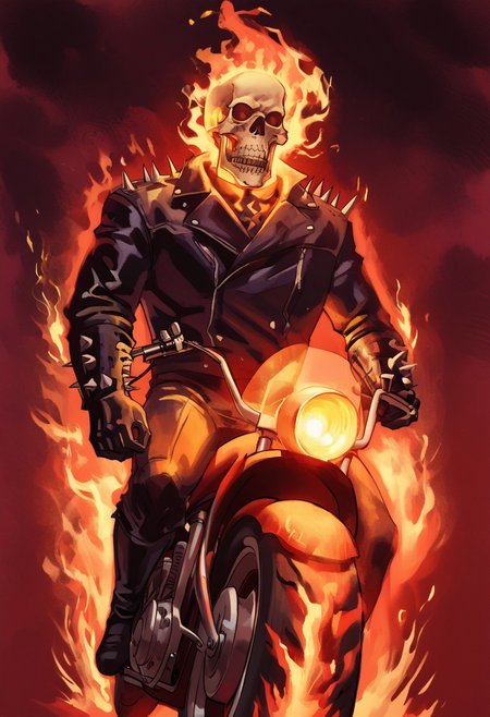 masterpiece, highly detailed,
ghostrider riding a motorcycle,
trail of fire,
ghostrider, skull head, on fire, leather jacket, leather pants, gloves, spikes, chain, shotgun,
(view from below:1.4),
Freebo_alloy,
ethereal,
sinister tendrils,
dark wisps,
evil essence,
spectral aura,
ghostly, 
decaying body,
burning wheels,
abstract,