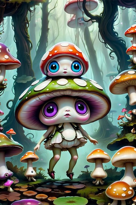 Floating Mushroom Fairy Ring - A ring of oversized, floating mushrooms with exaggerated spots and eyes. Small fae creatures with cartoonishly large heads dance in the air above, their shadows casting surreal shapes on the forest floor below. <lora:EnvyPastelGoth02-prodigy-batch6:1> <lora:SDXLFaeTastic2400:1> <lora:Goth_SDXL_V1:1> <lora:LowBrowXL:1> <lora:GothGirlLorav0.1:1>