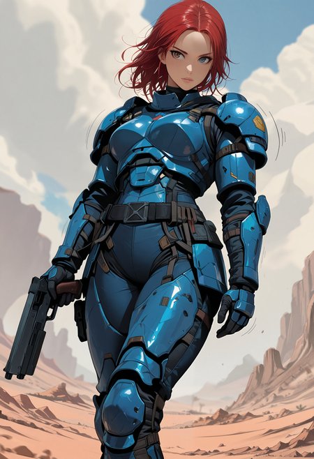 masterpiece, best quality, good quality, very aesthetic, absurdres, newest, 8K, depth of field, focused subject, 
in the style of ckgr, dynamic angle, from below, 
1girl, red hair, blue armor, desert, warrior, holding gun, motion lines