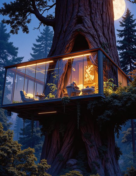 (detailed digital painting, detailed oil painting).

Night.a futuristic, technological glass house on a huge sequoia, the house of a scientist, a man reading a book in an armchair in the house, unity with nature, the perfect harmony of technology and nature, the rays of the moon, the glare of lenses., Futuristic, cyberpunk,  highly detailed,,

 (Depth of field, beautiful bokeh).

mythp0rt, InCase Style.

nigiex.   
.  

 
Depth of field, masterpiece., Hasselblad 500C camera, 20mm medium-format film. full body. An otherworldly atmosphere, Mysticism.


