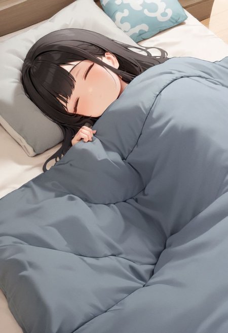 1girl, black hair, long hair, happy, light smile, 
futon, pillow, closed eyes, bed, sleeping, lying, under covers, blanket, 
masterpiece, best quality, ultra-detailed, illustration,
<lora:kakebuton_SDXL_V1:0.8>
