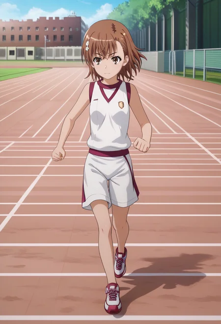 newest, masterpiece, best quality, 4k,
outdoors, school track,very aesthetic, detailed background, full body,
1girl, solo,  <lora:MisakaPony:1> m1saka, misaka mikoto, brown hair, short hair, hair ornament, brown eyes,gym uniform, white shirt, sleeveless shirt, sneakers, white shorts,running,