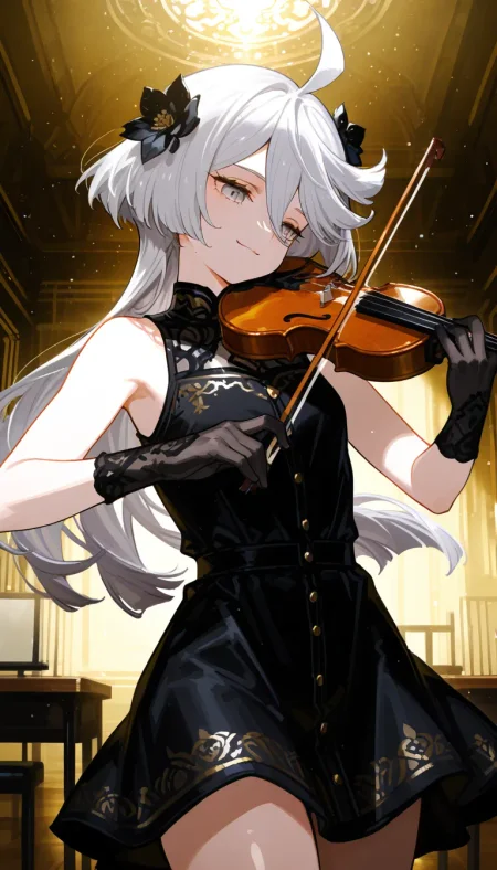 (masterpiece, best quality), amazing quality, very aesthetic, absurdres, highres, newest, HDR, 8K, high detail RAW color art, intricate details, high contrast, detailed background, large pupil, eyelashes, shiny skin,
1girl, solo, miorine rembran, grey hair, long hair, ahoge, grey eyes, detailed embroidery, black dress, sleeveless dress, smile, flower hair ornament, gloves, playing instrument, mystical, music, violin, holding instrument,holding violin, (playing violin), music room, particles, sense of movement, extremely close range view, <lora:748cmSDXL:0.6>, <lora:薄塗り:0.45>, <lora:ponyv5_noobV065S_1:0.7>, <lora:spo_sdxl_10ep_4k:0.6>, <lora:GBF_Illustrious:0.4>, <lora:MeMaXL4:0.8>