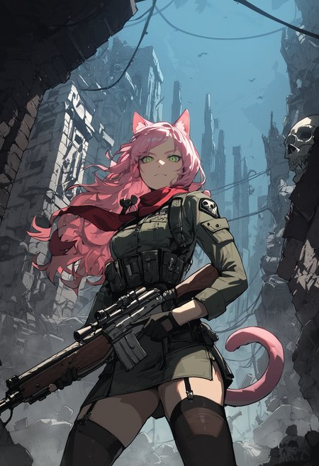 score_9, score_8_up, score_7_up, 
solo, 1catgirl, skinny, medium breasts, pink tail, long hair, curly hair, pink hair, green eyes, slit pupils,
rifle, gun, black gloves, garter straps, red_scarf, military uniform, thighhighs, weapon,
city, street, night, low light, ruin, dark theme, detailed background,indoors, sandbag, battlefield, skull, barbed_wire, magazine_\(weapon\),
standing, cowboy shot, side view, looking at viewer, low angle,
<lora:Gogalking_-_style:0.8>, gogalking,