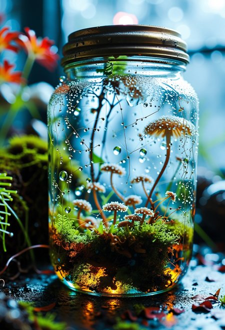"EXTREME MACRO PHOTOGRAPHY of a TINY ECOSYSTEM in a GLASS JAR, shot on Hasselblad H6D-400c with 120mm f/4 macro lens:  
- **Jar**: Thick glass with (condensation droplets:1.2), (hand-blown imperfections:1.1), sealed with (aged brass lid:1.3)  
- **Micro World**:  
  - (Miniature forest:1.4) of (bioluminescent mushrooms:1.3) glowing faint blue  
  - (Tiny quartz crystals:1.2) refracting light into rainbow patterns  
  - (Microscopic ponds:1.1) with (moving amoeba-like creatures:1.0)  
- **Details**:  
  - (Dew-covered spiderwebs:1.3) between mushroom stems  
  - (Floating pollen particles:1.1) in humid air  
  - (Visible dust motes in light beams:1.2)  
- **Lighting**:  
  - (Cinematic backlight:1.4) through jar walls  
  - (Volumetric god rays:1.3) from side window  
TECH: 8K resolution, f/5.6, 1/125s, ISO 400, focus stacked"  
 <lora:aidmaGPTimage:1> aidmagptimage
 <lora:aidmaFluxProUltra:1> aidmafluxproultra