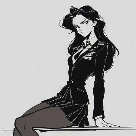 score_9, score_8_up, score_7_up, score_6_up, retro, Expressiveh, white background, black overline, Minimalism, Greyscale, Stylized, expressive face, golden hour lighting, volumetric lighting, vivid colours, graphic novel style, sharp lines, cowboy shot,Stexsketch,
girl sitting on the edge of the table, mature woman, full body, serious look, long hair, black hair, small breasts, (black necktie, military uniform, military long suit, black suit with chest pockets, white collared shirt, black pleated skirt, mid-length skirt, black pantyhose), perfect hands, perfect face, perfect eyes, small waist, sexy legs, small breasts, small nose, small perky breasts,