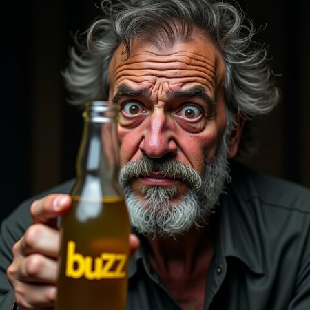 photo realistic, old workshpo, close up, 50 years old stoic man,wild hair, eyes wide, looks at glass bottle, suprised face, closed sad mouth, 
hold emty glass bottle upside down, on glass bottle written:"buzz" in yellow colour,
 small yellow liquid drops from glass bottle