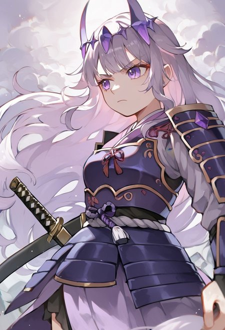 score_9, score_8_up, score_7_up, hadrian, source_anime, 1girl, boulders in back ground, stones, pepples, <lora:ChamKosekiBijouPonyXL:0.8> KosekiBijou, long hair, hair flaps, floating headpiece,  <lora:samurai_armor_pony:1.1> samurai, purple clothes, holding katana, serious