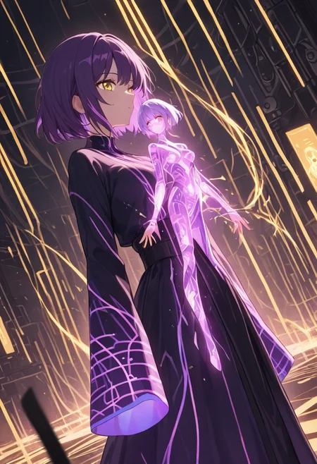 masterpiece, best quality, good quality, very aesthetic, absurdres, newest, 8K, depth of field,  in the style of cknc, artist:moriimee, in the style of cksc,
1girl, short purple hair, glowing streaks, yellow eyes, medium breasts, firm, circuit-patterned robe, glossy skin, casting hologram, looking at viewer, from front
BREAK
futuristic lab, glowing screens, sparks flying
BREAK
cool tones, neon glow, high contrast, reflective surfaces, rich details, intense atmosphere.yazloba_puppeteer , <lora:ya_strings_of_fate :1>