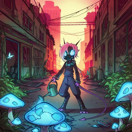 score_9, score_8_up, score_7_up,namah_calah,
1girl,solo,furry,tail, source_furry,horns,
 ,<lora:namah_calah_illustrious:0.8>,
child, kid, 
in patched overalls tends glowing mushrooms in a ruined greenhouse. A gas mask hangs around her neck, and a mutated butterfly perches on her watering can. Broken skyscrapers loom outside, post-apocalyptic, overalls, gas_mask, greenhouse, glowing_mushrooms, mutated_animal, watering_can, ruins, skyscraper, overgrown, barbed_wire, dystopian, sunset, cracks, vines, broken_glass, steampunk, survival_gear, determined_expression