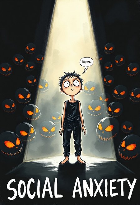 a painted hand drawn awareness poster for social anxiety and agoraphobia, The title is at the bottom of the image, it reads "SOCIAL ANXIETY" in a white scary font. a single frail small person is under a bright spotlight in the center of the image, sweating from discomfort, hyperaware, eyes wide open in fear, tears forming at the eyes, having strong anxiety being surrounded by a menacing crowd,  looking up at the viewer, the person say in a tiny tiny voice in a small text bubble that reads "help me".  the person is wearing black trousers and a black top.
The person is brightly lit but rest of the image is pitch black in contrast.
In the inky smoky blackness around the person we see the faint white outline of a huge crowd, we cannot tell if they are people or monsters, but we see eyes, thousands of eyes, white orange glittering eyes looking at the person, all those eyes glaring menacingly at the person, with the eyes there are some menacing smiles where all we can see are pointy teeth and smirk lines, in the darkness we can feel many pointed fingers at the person, pointing in mockery or pointed in accusation.