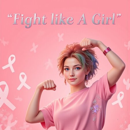 aidmaTextImprover, greeting card style captures BCA essence, hyper detailed realistic cartoon beautiful woman looking at the viewer. her arm is up in a victory pump with a clinched fist. hair is multi colored and in a messy updo. exact text focus [[[Fight like A Girl]]] satin pink looped awareness ribbon, gradient satin pink looped awareness ribbon bokeh background pink, redglitter pastel watercolor, in the style of Gorjuss, Joan Walsh Anglund,soft-focus and diffused lighting akin to Paolo Roversi, imbued with Tim Burton's macabre touch, Kris Kuksi-like intricate background detail, digital painting, ultra-detailed, cinematic. <lora:aidmaTextImproverV0.2:1> <lora:Detailer2K:0.65> <lora:Dever_Flux_Enhancer:0.50>