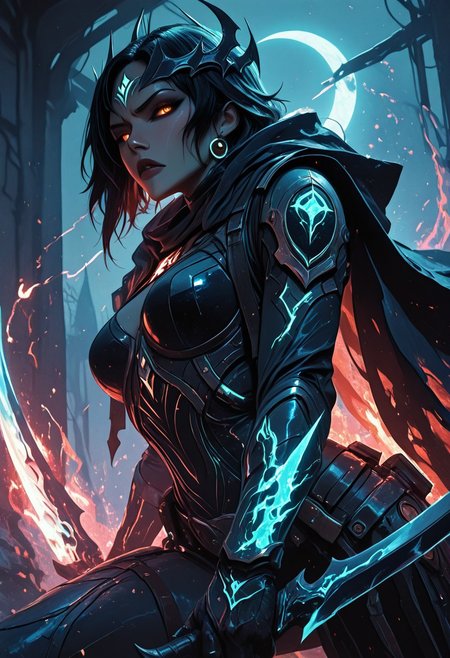 (masterpiece), (best quality), 8k, 1girl, celestial assassin, intense low lighting, glowing crescent blades, purple glow, dual-wielding, shadowed face, glowing eyes, dark eclipse sky behind her, glowing voidlight aura, Void crown, half crescent crown, orange eyes, mystical sigils, long flowing cloak fluttering, sci-fi fantasy armor with celestial patterns, moonlit silhouette, cinematic perspective, ethereal particles, radiant eclipse corona, sleek asymmetrical hairstyle, atmosphere of silent finality, black eyeshadow, Void flames, Burning Cloak, Flaming cloak, 
Action Shot, Slashing blades, Fierce expression, partical effects, dynamic, Dynamic position, Dynamic angle, Combat, intense, intense expression, Anger, Yelling, intense facial expression, Charging at viewer,  
Unique, close up, cowboy shot, dutch angle, foreshortening, 
From below, Looking at viewer, Close up, Face Focus,