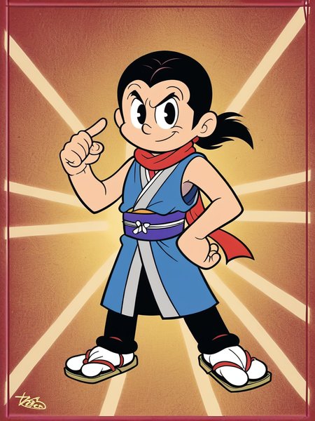 score_9,
1boy, samurai, kimono, ponytail, scarf, bare arms, muscular male, one hand on hips, one hand up,
front, looking at viewer, (dynamic pose:1.1), full body, colorful background,
, RetroXL, toon \(style\), semi chibi, flat color, black eyes, <lora:RetroToonXL_Style:1>