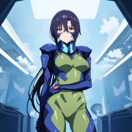masterpiece,high score,great score,absurdres,looking at viewer,cowboy_shot,pilot suit,<lora:Sayoko AnimagineXL v1:1> sayoko, glasses, blue hair, ponytail, black eyes,