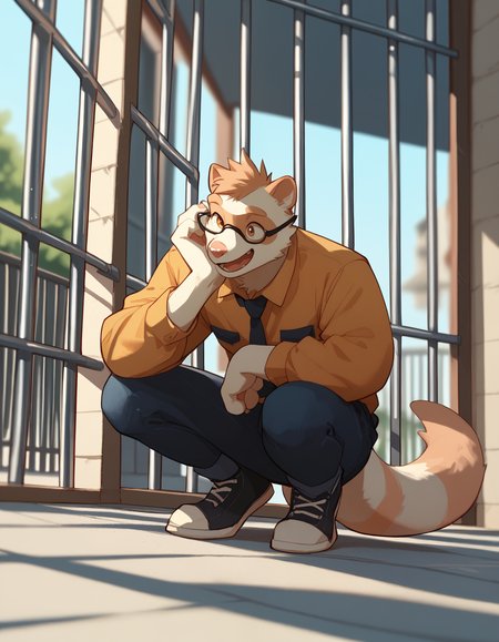 score_9, score_8_up, score_7_up, anthro, furry, dutch angle, anthro, detailed body, hi res, <lora:add-detail-xl:1>, <lora:Greyyy_Artist_Style.safetensors:1.1>, by gr3yyy, tail, blurry background close up, solo, domestic ferret, squatting, head turn, happy, prison cloud emanata