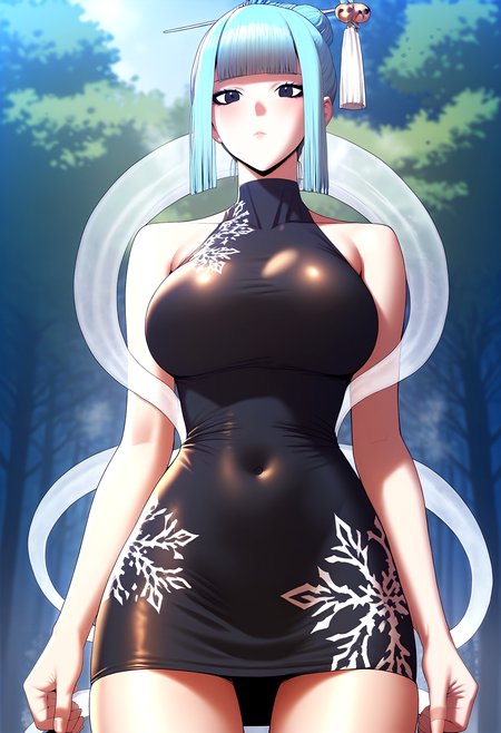 score_9, score_8_up, score_7_up, score_6_up, source_anime, rating_explicit, <lora:neg4all_bdsqlsz_V3.5:2.0>1girl, (solo:1.2), huge breasts, <lora:I-Sleroponyxl:1> blue hair, yellow hair ornament, hair stick, blunt bangs, single hair bun, black eyes, sleeveless, black dress, short dress, covered navel, tight dress, expressionless, Narrow shoulders, heavy breathing, steaming body, forest, outdoor, looking at viewer