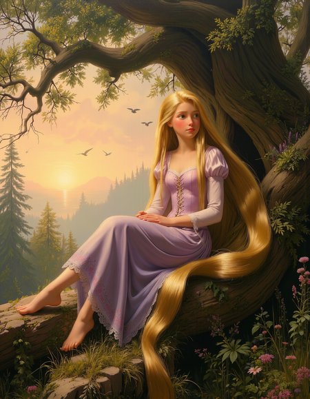 masterpiece, high quality, Oil Painting of a serene scene featuring young Princess Rapunzel nestled comfortably in the massive branches of an ancient tree. Rapunzel's long, golden hair cascades down like a river of silk, flowing through the branches and swaying gently in the breeze. The tree itself is a majestic giant, with thick, gnarled branches stretching out in all directions, providing a natural throne for her. The leaves rustle softly, adding to the tranquility of the moment.
Rapunzel is dressed in a simple yet elegant gown, delicately embroidered with floral patterns that mirror the greenery around her. Her expression is one of peace and contentment as she gazes out into the distance, perhaps lost in thought or simply enjoying the gentle caress of the wind.
In the background, a soft, golden sunset paints the sky in hues of pink and orange, casting a warm glow over the entire scene. Birds can be seen fluttering about, adding a touch of life to this serene tableau. The forest floor below is carpeted with a mix of wildflowers and ferns, contributing to the overall sense of calm and natural beauty.
Focus on Rapunzel, having her fill most of the frame. The artwork captures realistic fabric textures, detailed highlights, and smooth shading, creating a balance between fantasy and realism. The painting shows shadow and light, Masterpiece, intricate lines, intriguing atmosphere, sharp magnificent details, delicate features, elaborate details, (2\3 rule composition:0.5), ultra detailed, romantic, Rembrandt lighting, brush stroke, lovely, del1cate_balance style, novuschroma, in the style of Rembrandt. disney style. vantablack <lora:style_of_Rembrandt_FLUX_135:.8> <lora:- Flux1 - vanta_black_V2.0:.3> <lora:Delicate_Balance:.3> <lora:113_novuschromaFLX_1:.4> <lora:neeeg_f1:-1>
 <lora:zavy-disney-rapunzel-fxl:.8>