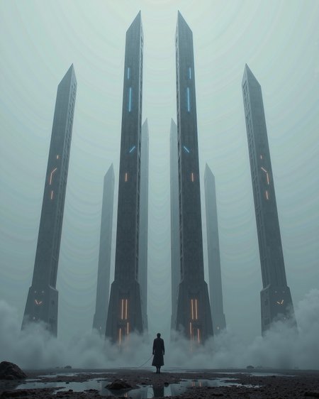 RAW Photograph, in the style of ckfa, Visualize Artemis Station as a towering, enigmatic structure rising from a cold, fog-laden world. The massive spires stretch skyward, their dark metallic surfaces glistening with condensation from the mist. Each tower is adorned with intricate, glowing lines of orange and blue lights, hinting at the advanced technology within. The fog is thick at ground level, muffling sounds and creating an eerie, quiet atmosphere, while faint mechanical hums reverberate through the air. In the distance, other towering monoliths fade into the fog, creating a sense of endlessness. The lighting is soft and diffused, with occasional beams piercing through the fog from docking bays, casting long, dramatic shadows. The camera is set at ground level, looking up at the overwhelming scale of the station, emphasizing its imposing and mysterious nature. no humans.