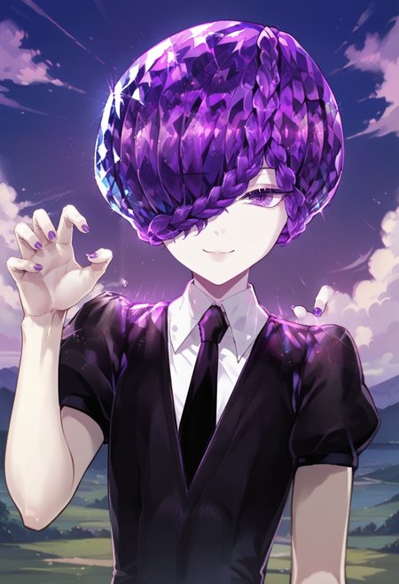 score_9, score_8_up, score_7_up,outdoors, upper body,smile, handfixer,  amethystxl11, androgynous, purple hair, short hair,braid,crystal hair, hair over one eye, purple eyes, claw pose, gem uniform (houseki no kuni),black jacket, white shirt, black necktie, puffy sleeves, short sleeves,  <lora:AmethystXL11-000005:1.0>  <lora:add-detail-xl:1.0> <lora:HandFixer_pdxl_Incrs_v1:0.5>