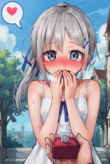 score 9,score 8 up,score 7 up,rating questionable,detailed background,aroused,cinematic lighting,dynamic lighting,uncensored,
sylvie,<lora:sylvie.pony:1>,silver hair,ponytail,blue ribbon,
steaming body,sensual,alluring,sweatdrop,heavy breathing,
outdoor,day,blue sky,summer,garden,looking at viewer,
(white sundress),(wedding dress),(long dress),sleeveless,dutch angle,wedding veil,
church,chapel,
 <lora:ring-box-ponyxl-lora-nochekaiser:0.8>, ring box, holding box, pov, pov hands,covering mouth,
(full-face blush),open mouth,angelic smile,tears,(spoken heart),(pov,from above),
close-up,