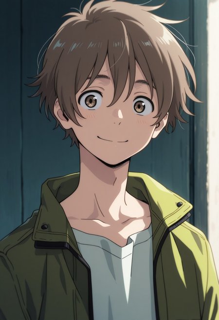 masterpiece,best quality,amazing quality, source_anime, 
shunhashimoto, 1boy, male focus, solo, brown eyes, brown hair, shirt, green jacket, open jacket, smile,