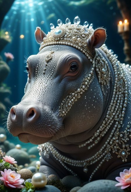 Ornate Pearls and Crystals, elaborate photography of a beautiful hippo, hyper realistic