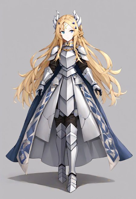 yugioh ecclesia, blonde hair, blue eyes, braid, facial mark, fake horns, forehead mark, hair ornament, horns, long hair, armor, armored dress, cape, gauntlets, headgear, leg armor, shoulder armor, white armor, 
masterpiece, best quality, very aesthetic, absurdres, full_body, tachi-e,