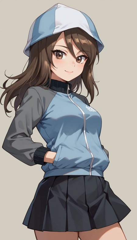 score_9, score_8_up, score_7_up, source_anime, ,
 <lora:GUPMika:1> , BBMika, 1girl, mika (girls und panzer), tulip hat, long hair, keizoku military uniform, brown hair, brown eyes, pleated skirt, blue headwear, smile, track jacket, blue jacket, long sleeves, miniskirt,