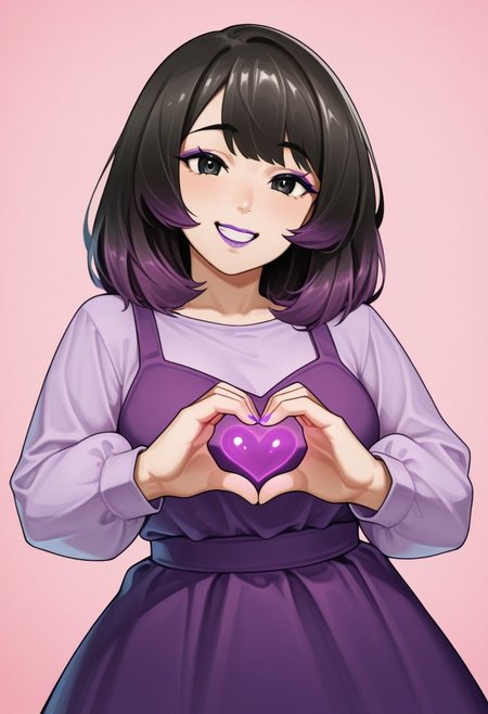 1girl, solo, medium build, medium hair, sfw, safe for work, covered skin, flowy dress,  black eyes, purple lipgloss, smiling, portrait, upper body, heart hands, foreshortening, detailed, newest, ofu