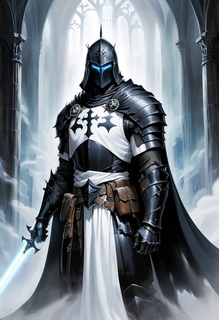 score_10, score_9, score_9_up, score_8_up, score_7_up, masterpiece, best quality, ghost, black armor, black knight, hood, ((hood over helmet)), black hood, duo focus, multiple_boys, 2boys,, two figures, Fantasy, knight, gothic, full plate armor, armor, black, cloak, hood, sith, sword, heavy armor, white light saber, white tabard, shield, reflection, spirit, translucent, black mist, paladin, fighter, rogue, vivid color, castle,