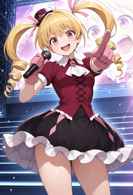 1girl, solo, pink eyes, blonde hair, long hair, twin drills, hair ribbon, pink ribbon,  looking at viewer, small breasts,
mini hat, head tilt, jewelry, brooch, white ascot, frills, red shirt, short sleeves, pink gloves, black skirt, outdoors, standing, holding microphone, stage, smile, open mouth, pointing at viewer, cowboy shot, thighs,
,masterpiece,best quality,amazing quality,
<lora:bisky_meipaws:.9>