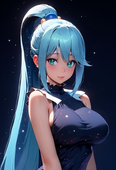score_9, score_8_up, score_7_up, ((masterpiece)), ((best quality)), 8k, high detailed, ultra-detailed, (((anime))),toon, 1girl, perfect eyes,cinematic lights, ((GalaxyTelepurteSDXL)), blue particles on character corner, Aqua_(Konosuba), galaxy silhoutte outline Aqua silhouette, filled with galaxy, stars, cosmic dust, vibrant colors, glowing nebulae, swirling galaxies, ethereal glow, translucent outline, celestial patterns, mystical aura, universe inside character, against a dark background
 Ponytail ,long hair, big breast, adult
BREAK,
dark space, stars, distant galaxies, cosmic dust, faint nebulae, serene and infinite space