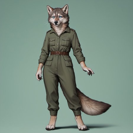 score_9, score_8_up, score_7_up, source_furry, detailed face, detailed eyes, incredible detail BREAK 1girl, solo, anthro, wide shot (furry female, wolf, light brown fur, monotone fur, light blue eyes,slightly wide hips, small breasts), black nose, whiskers, ear flop, solo, looking at viewer, simple background, green background, full body, hunter outfit, archer outfit, shy pose