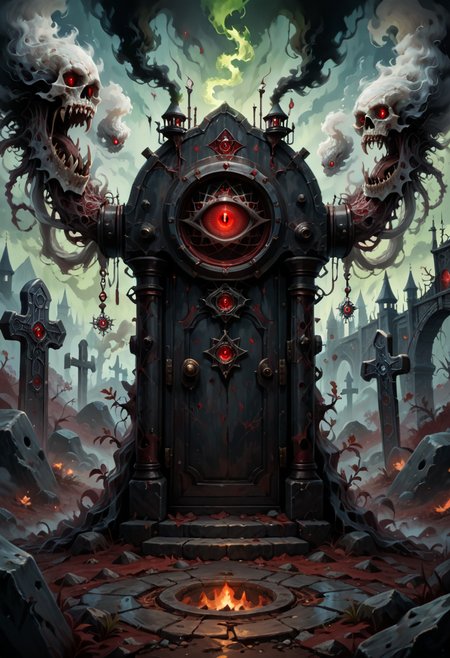 score_9, score_8_up, score_7_up, score_6_up, SV, full body detailed CGI art, 
large tombstone, looking into viewer's eyes, white hair, dark skin, red eyes, foggy dim atmosphere, floating smoke, mystical intense ambiance, portal to hell gates, ominous background